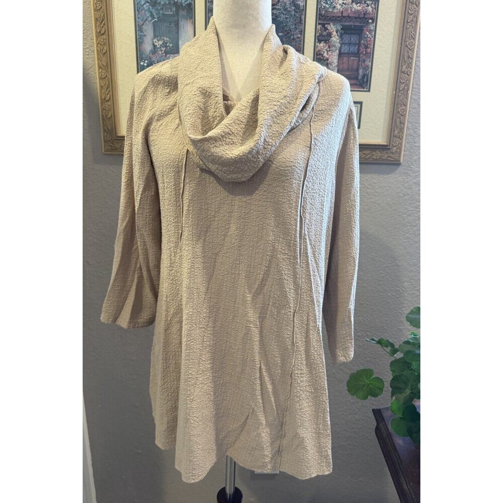 Ali Miles Tunic‎ Top Cowl Neck Beige Lagenlook Boho Stretch Textured Medium